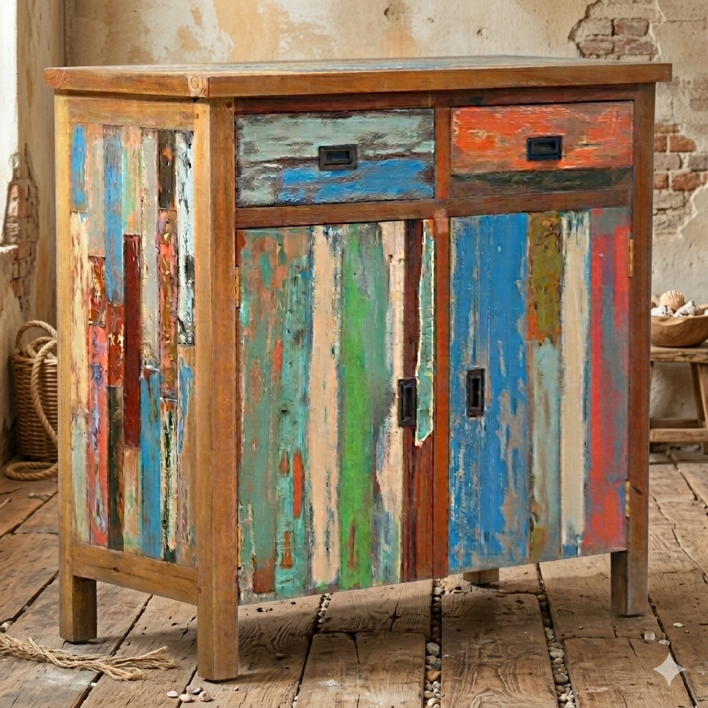 Reclaimed Boat Teak Wood Cabinet with Drawers