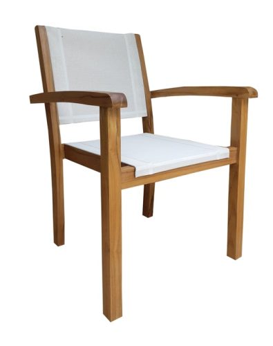 Solid teak wood armchair with cushion seat and sling backrest handcrafted in Jepara Indonesia for outdoor and wholesale furniture