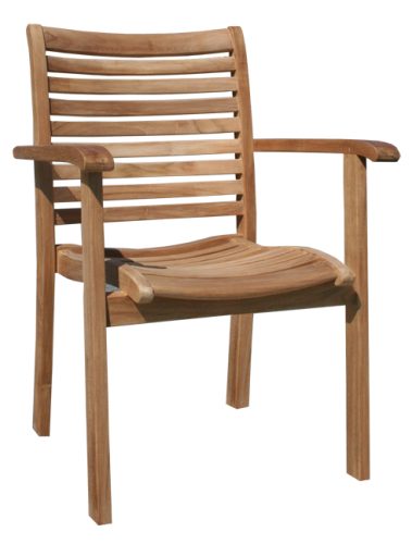 Solid teak wood armchair with curved slatted seat and backrest handcrafted in Jepara Indonesia for outdoor and wholesale furniture